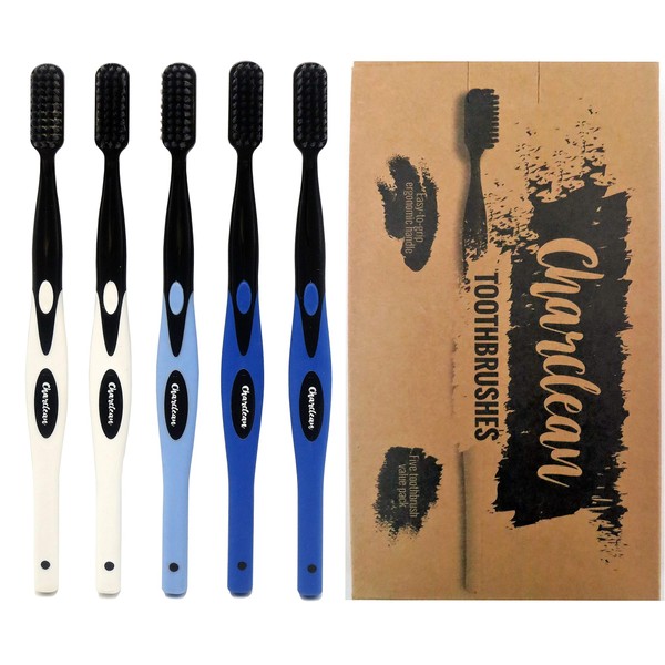 5 Pack Activated Charcoal Toothbrush – Bamboo Charcoal Infused - Ultra Soft Bristles - Naturally Whitening - Ergonomic Soft Touch (Blue)