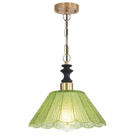 EFINEHOME Glass Modern Farmhouse Pendant Light, 1-Light Indoor Hanging Lamp Adjustable Chain, Mid Century Modern Gold Ceiling Pendant Lamp Petal Glass Shade for Kitchen Island Dining Bedroom (Green)