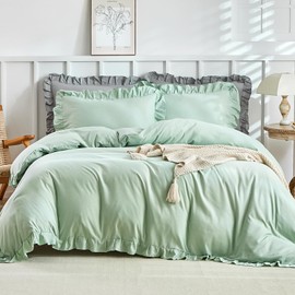 Tokokimo Green Super King Duvet Set 3pcs Ruffle Design Bedding Sets Soft Microfiber Green Frills Super King Duvet Cover with Zip Closure Easy Care Superking 260x220cm (Green, Ruffle)