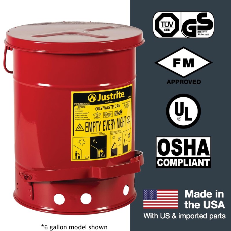 Justrite 10 Gallon Galvanized Steel Oily Waste Can, 18" x