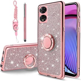 B-wishy for TCL 50 XE 5G/TCL 50 XE NXTPAPER 5G Case for Women,Glitter Crystal Butterfly Heart TPU Luxury Bling Cute Protective Cover with Kickstand+Strap for TCL 50 5G(Glitter Pink)