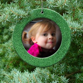 The Original Mini Glitter Photo Christmas Ornaments, Magnetic Easy-Load Picture Frame Ornament, Includes Photo Protectors Plus Hooks for Hanging, Round, Green 6-Pack