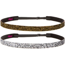 Hipsy 2pk Women's Adjustable NON SLIP Skinny Bling Glitter Headband Gunmetal Duo Pack (Gunmetal & Brown)
