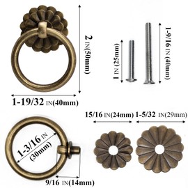 6Pcs Antique Bronze Ring Pulls Vintage Small Ring Pulls with Flower Deco Knobs Handles for Drawer Cabinet Closet Cupboard