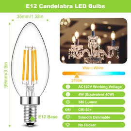 BRIMAX B11 E12 LED Candelabra Bulbs 40W Equivalent, 4W Dimmable LED Candle Light Bulbs, 2700K Warm White, LED Filament Clear Glass Light Bulbs for Chandelier Celling Fans and Fixtures,Pack of 10
