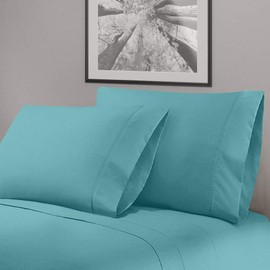 4 Piece Embossed Super Soft Fabric Microfiber Sheets Cal King | Beautiful Emboss Geometric Design 16" Deep Pocket Aqua Blue Bed Sheet Set, Durable Comfortable Warm Cozy Comfy Wrinkle Free Luxury Sheet
