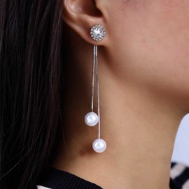 Aneneiceera Vintage Crystal Pearl Tassel Earrings Silver CZ Slim Chain Dangle Earrings Long Pearl Drop Earrings Punk Metal Chain Earrings Jewellery for Women and Girls, Zinc