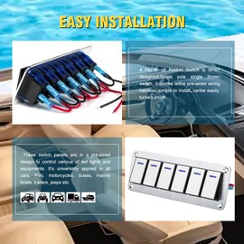 GGTA 6 Gang Marine Boat Rocker Switch Panel Waterproof,12-24V Pre-Wired Aluminum Rocker Switch LED Indicator,Multi Function Marine Toggle Switche for RV Truck Boat SUV(Silver)