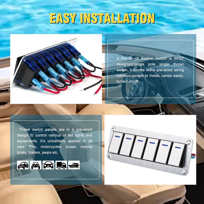GGTA 6 Gang Marine Boat Rocker Switch Panel Waterproof,12-24V Pre-Wired
