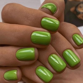 24PCS Press on Nails Short Square Pure Color Acrylic Nails Set French Tip False Nails Reusable Fake Nails Natural Removable Glue-on Nails Women Girls Nail Art Accessories - Avocado Green