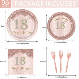 Rose Gold 18th Birthday Tableware Set for Girls - 96 Pcs Disposable Party Supplies Includes Dinner Plates, Napkins & Forks, 18 Year Old Birthday Decorations (Serves 24 Guests)
