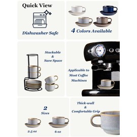 Gomakren 2.5 Ounce Espresso Cups Set of 4, Small Stackable Coffee Cups with Saucers and Metal Stand, Christmas Porcelain Demitasse Cups for Specialty Coffee Drinks, Espresso, Cappuccino, Latte, Gray