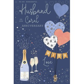 Husband On Our Coral 35th Champagne Hearts Happy Anniversary Card Lovely Verse