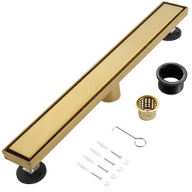 Muschbath 24 Inch Linear Shower Drain, Brushed Brighter Gold Shower Drain, Flat and Tile-in Grate, 304 Stainless Steel, Easy to Install and Clean for Bathrooms (Drain Base Not Included), LSD-02A-24BG