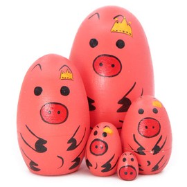 Winterworm Set of 5 Cute Egg Shape Animal Theme Pink Pig with Imperial Crown Stacking Toy Handmade Russian Nesting Doll for Kids Toy Birthday