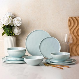 LERATIO Ceramic Dinnerware Sets of 4,Porcelain Plates and Bowls Sets with Wavy Edge,Microwave & Dishwasher & Oven Safe,Light Weight & Scratch Resistant Dishes Sets-Service for 4 (12pcs)-Light Blue