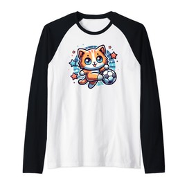 Soccer Player Cat Kitten Kicking Soccer Ball Cute Graphic Raglan Baseball Tee