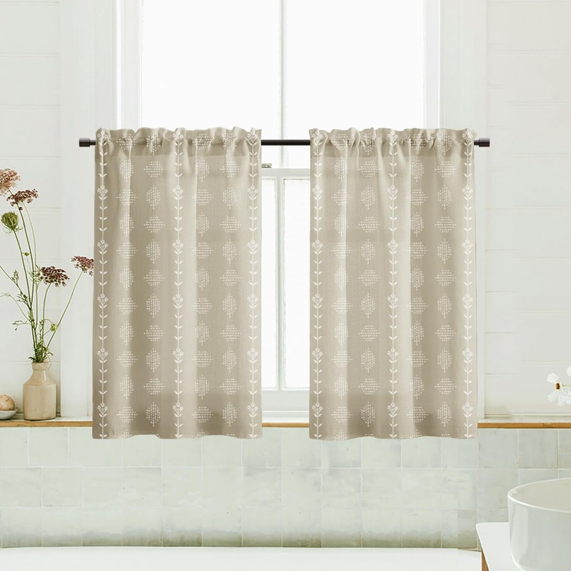 Boho Farmhouse - Cortinas de lino beige de pequeño nivel