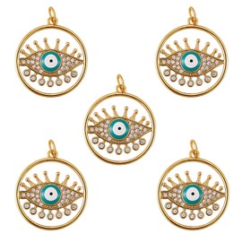 COGCHARGER Brass Eye Charm Pendant Flat Round Evil Eye Charms Brass Cubic Zirconia Pendants Cyan for Jewellery Necklace Bracelet Earring Making Crafts Pack of 5