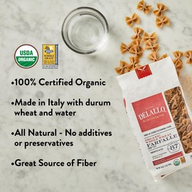 DeLallo Whole Wheat Farfalle Bowtie Pasta, 1 Pound Bag, 4 Pack, Whole Grain Noodles, 100% Organic, Imported from Italy, Made with Whole Durum Wheat