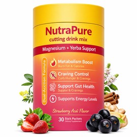 NutraPure Cutting Drink Mix – Energy & Gut Health | Vegan, Sugar-Free, Non-GMO | Strawberry Açaí – 30 Sticks