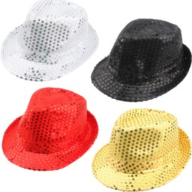 4 Pack Sequin Fedora Hat Western Sequin Fabric Fedora Hat for Men Women Jazz Mardi Gras Cosplay Costume Accessory, 4 Color
