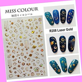 Laser Gold Galaxy Meteor Stars Zodiac Constellation Moon Stripes 3D Nail Sticker R208 for Nails Design Nail Art Stickers Decals Supplies Manicure Tips Sticker Colorful for Nail Decorations