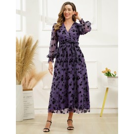 Mesh Long Sleeve Floral Embroidery Dress for Women Flower Embroidery Tulle Dress Puff Sleeve V Neck Floral Embroidered Long Sleeve Maxi Dress Floral Long Dress Fall Formal Evening Party Dress Purple S