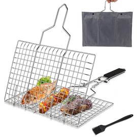 Pecco BBQ Grilling Basket, Foldable Stainless Steel Barbecue Grill Basket for Fish Vegetables Shrimp with Removable Handle, Basting Brush and Storage Bag 32x22cm