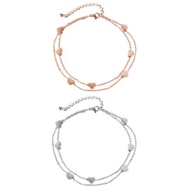 Epoch World Pack of 2 Heart Bracelets, Women's Bracelets, Silver Bracelet, Rose Gold Charm Bracelet, Layered Heart Bracelets, Double Chains, Made of Stainless Steel, Adjustable Bracelet for Women and