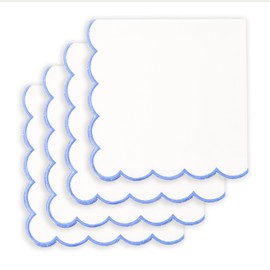 PurpleEssences Scalloped Embroidery Cloth Napkins Christmas Holiday Winter Table Decor 100% Cotton Set of 4-18 x 18 inch - White - Edges - Light Blue
