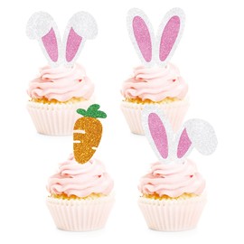 24 Pack Easter Bunny Cupcake Toppers, Glitter Rabbit Ears Cupcake Topper, Ear Cupcake Topper for Easter Theme Birthday Baby Shower Rabbit Party Supplies