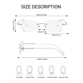 LUFF - anteojos de lectura sin montura para mujer, ligeras, antiluz azul, clásicas, cómodas anteojos de marco de metal