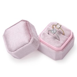 Sightor Velvet Ring Box, Octagon Velvet Jewelry Ring Box Storage 2 Slots Ring Holder Box for Proposal, Engagement, Wedding Ceremony (Pink)