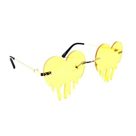 Dweebzilla Slim Rimless Heart Shaped Blood Drip Melting Lenses Luxury Sunglasses (Black & Gold Frame, Yellow Lenses)