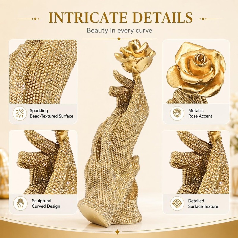 MOTIAHOOM Gold Hands Holding Rose Figurine