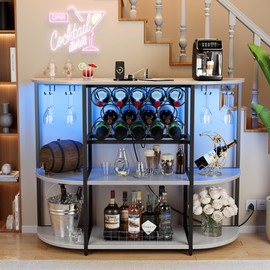 VICTONE Wine Bar Cabinet with LED Lights and Power Outlets, Freestanding Coffee Liquor Bar Cabinet with Glass Holder, Wine Rack Table for Home Kitchen Dining Room (White)