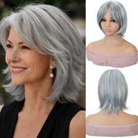 Creamily 12" Gray Wigs for Women Grey Silver Medium Length Short Bob Wig with Curtain Bangs Glueless Natural Looking Synthetic Wigs Daily and Cosplay (Black Mixed Grey Siler)