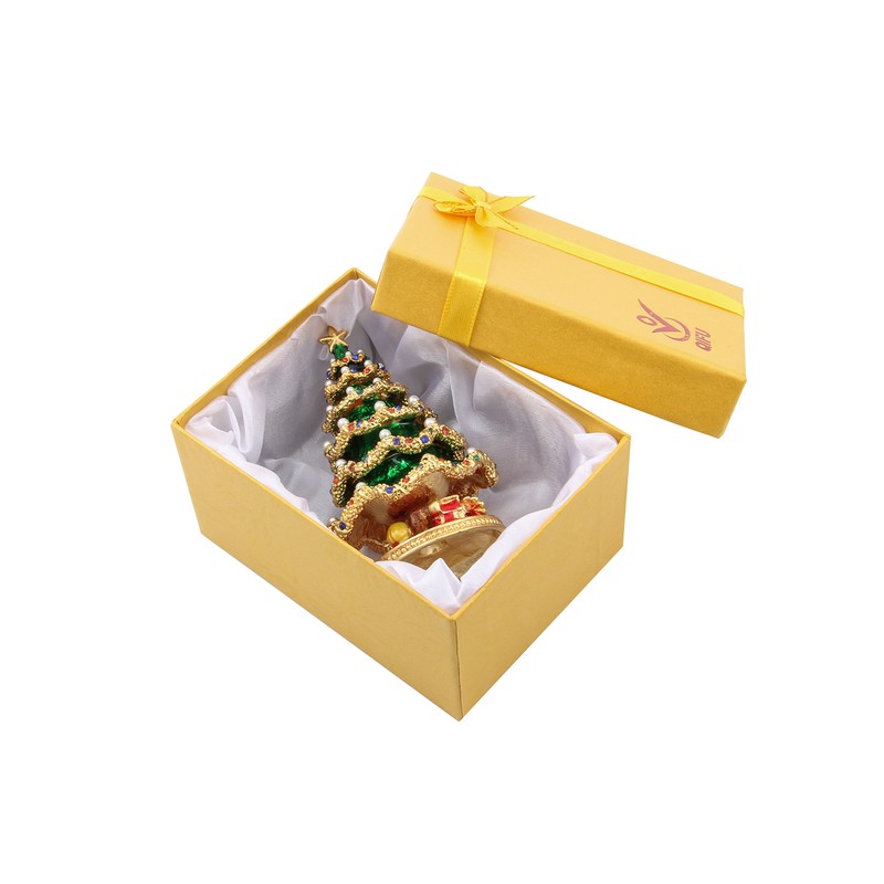 QIFU Hand Painted Green Christmas Tree Crystal Enamel Trinket Box