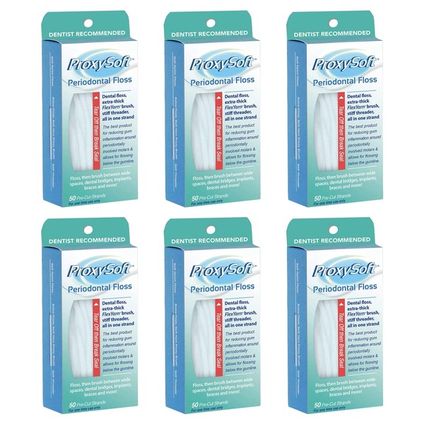Dental Floss for Braces with Threader and Thick Proxy Brush for Daily Care of Periodontal Disease and Gum Health - Orthodontic Flossers for Braces and Teeth, Periodontal Floss by ProxySoft, Pack of 6