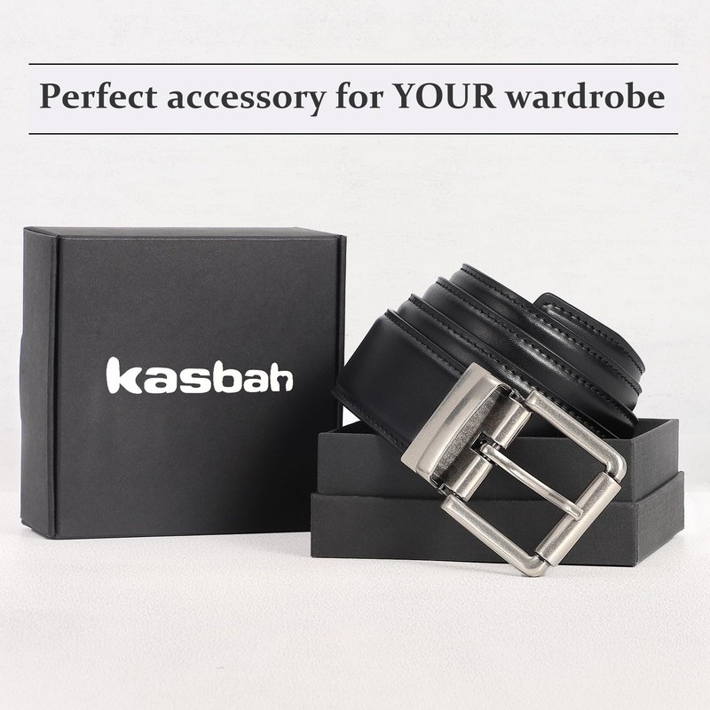 KASBAH Men's Reversible Leather Belt Work Casual Belt Two-in-One Belt