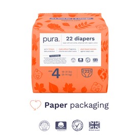 Pura Size 4 Eco-Friendly Diapers (18-31lbs) Totally Chlorine Free (TCF) Hypoallergenic, Soft Organic Cotton, Sustainable Comfort, up to 12 Hours Leak Protection, Allergy UK, 22 Diapers (Pack of 1)
