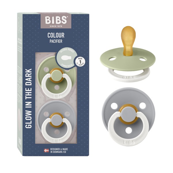 BIBS Colour Symmetrical Glow Pacifiers Pack of 2, BPA Free, Glow in the Dark Symmetrical Nipple. Natural Rubber/Latex, Made in Denmark. Size 1 (0-6 Months), Sage Glow/Cloud Glow