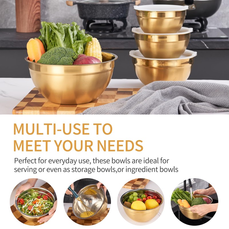 Moxinox Gold Mixing Bowls with Airtight Lids, Stainless Steel Nesting