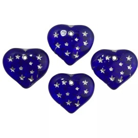 Cobalt Blue Hearts W/ Silver Painted Engraved Star Beads 14x12mm (8) bds1011A