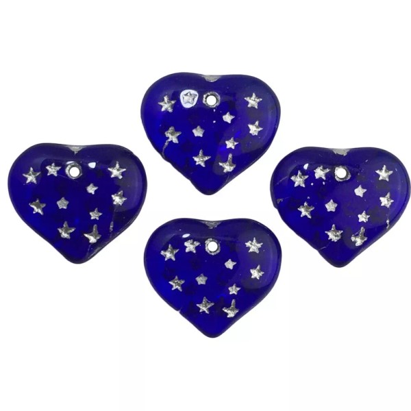 Cobalt Blue Hearts W/ Silver Painted Engraved Star Beads 14x12mm