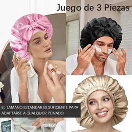 3 PCS Gorros de Satén,Gorros De Dormir de Seda,Gorro de Pelo Rizado de Satén,Gorro de Pelo Rizado de Satén，para Dormir,Ducha y Belleza con un coletero de regalo