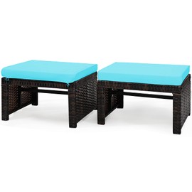 Tangkula 2 Pieces Patio Rattan Ottomans, All Weather Outdoor Footstool Footrest Seat with Soft Cushion, Hidden Zipper, High-Density Sponge, Wicker Ottoman Seat for Patio, Garden, Poolside (Turquoise)