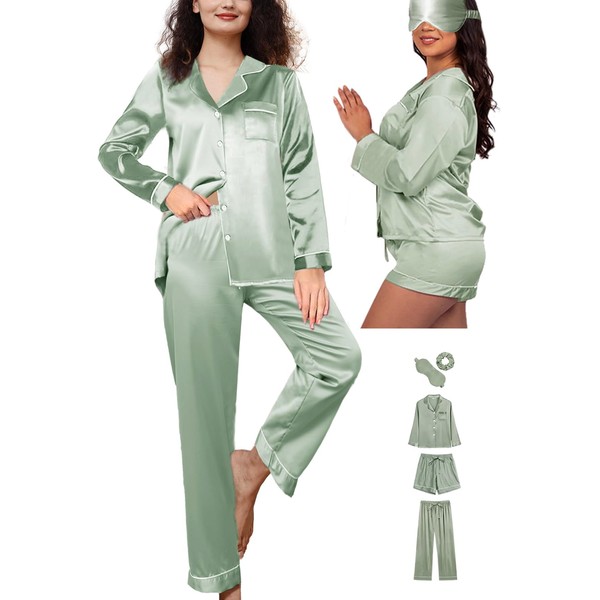 WJing Yi Jia 5Pcs XS-XXL Womens Silk Satin Pajamas Sets