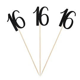 Black Glitter 16th Birthday Centerpiece Sticks, 12-Pack Number 16 Table Topper Anniversary Party Decorations